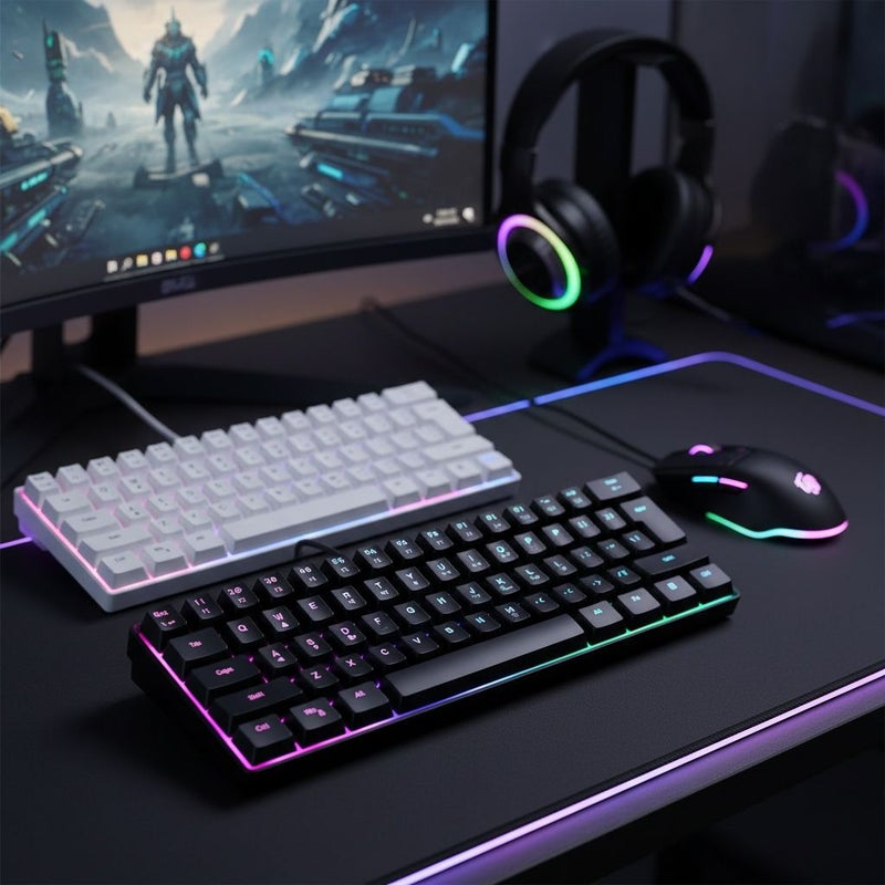 لوحة مفاتيح ألعاب محمولة بنسبة 60% باللون الأسود، بإضاءة خلفية RGB، بحجم صغير بـ 61 مفتاحًا، تعمل بتوصيل USB (Plug and Play) مخصصة للاعبين والمستخدمين. - Image 2