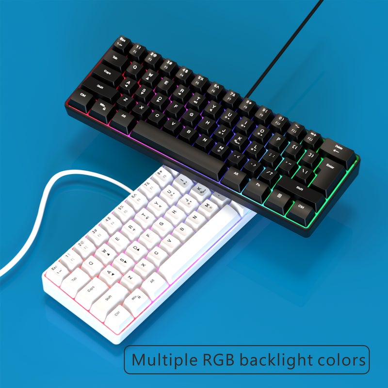 لوحة مفاتيح ألعاب محمولة بنسبة 60% باللون الأسود، بإضاءة خلفية RGB، بحجم صغير بـ 61 مفتاحًا، تعمل بتوصيل USB (Plug and Play) مخصصة للاعبين والمستخدمين. - Image 3
