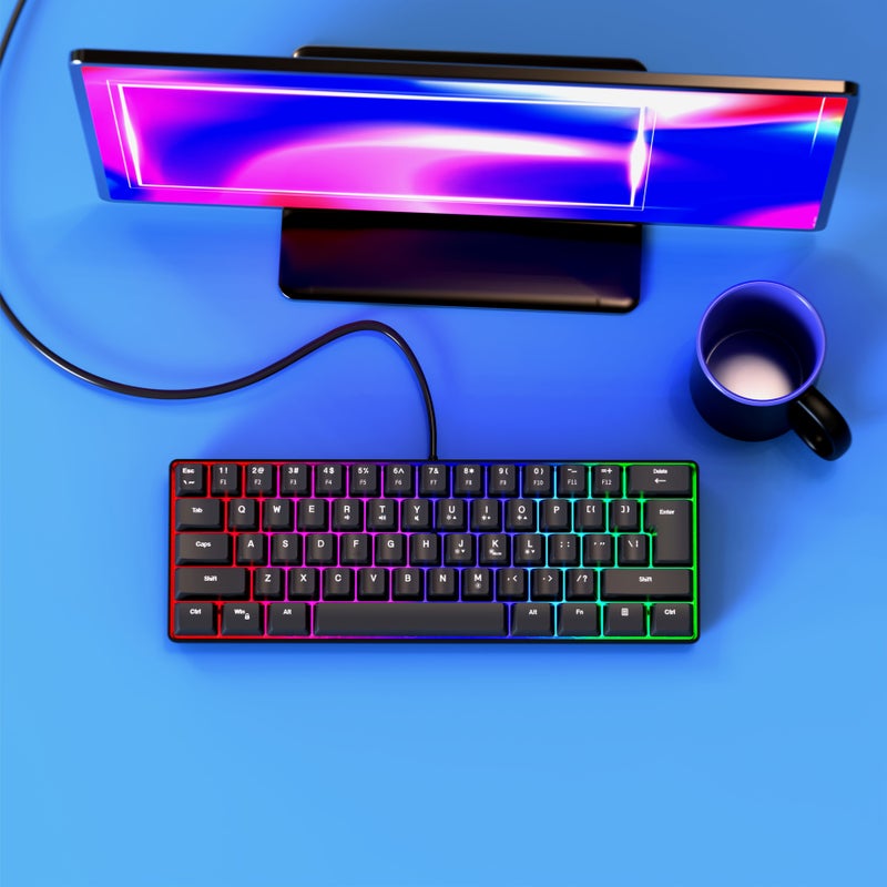 لوحة مفاتيح ألعاب محمولة بنسبة 60% باللون الأسود، بإضاءة خلفية RGB، بحجم صغير بـ 61 مفتاحًا، تعمل بتوصيل USB (Plug and Play) مخصصة للاعبين والمستخدمين. - Image 1