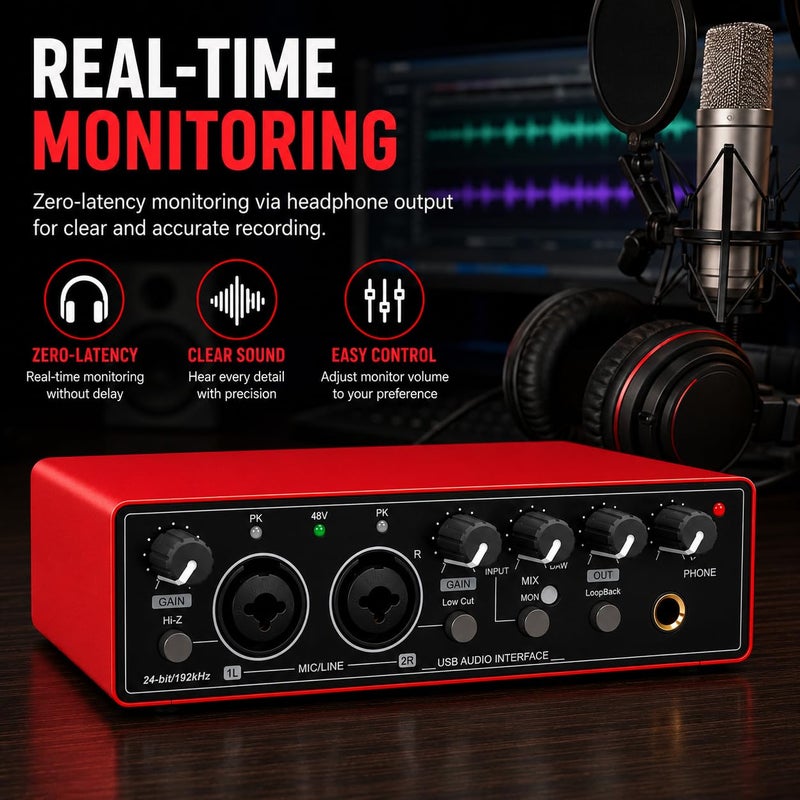 T02 USB External Sound Card Studio Audio Mixer – Professional USB Audio Interface with Dual XLR Inputs, 48V Phantom Power for Live Streaming, Podcasting, Recording & Music Production - Image 3