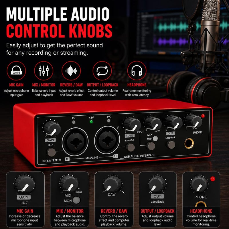 T02 USB External Sound Card Studio Audio Mixer – Professional USB Audio Interface with Dual XLR Inputs, 48V Phantom Power for Live Streaming, Podcasting, Recording & Music Production - Image 2