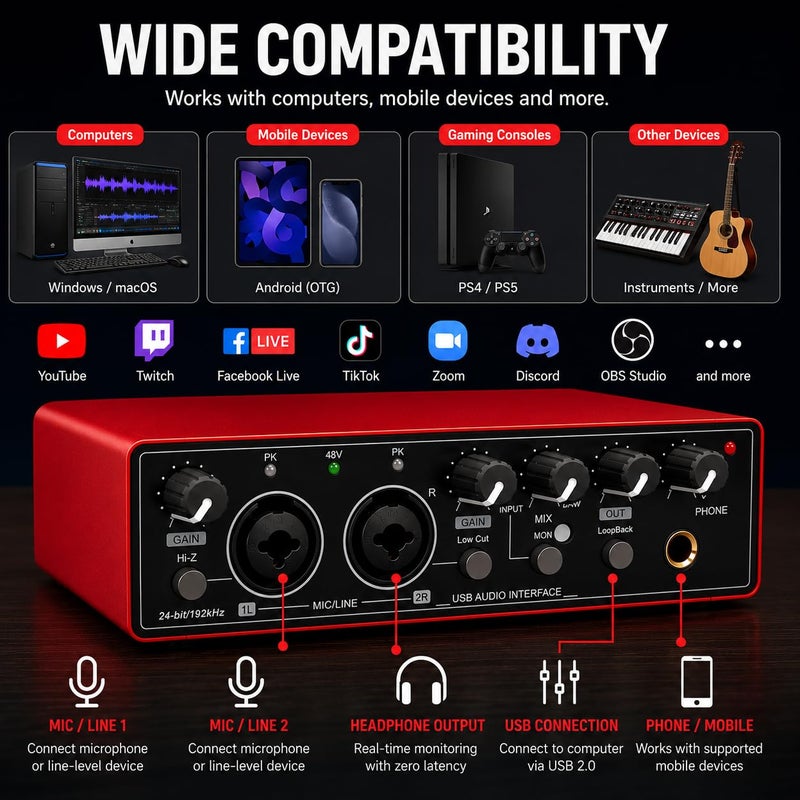 T02 USB External Sound Card Studio Audio Mixer – Professional USB Audio Interface with Dual XLR Inputs, 48V Phantom Power for Live Streaming, Podcasting, Recording & Music Production - Image 5