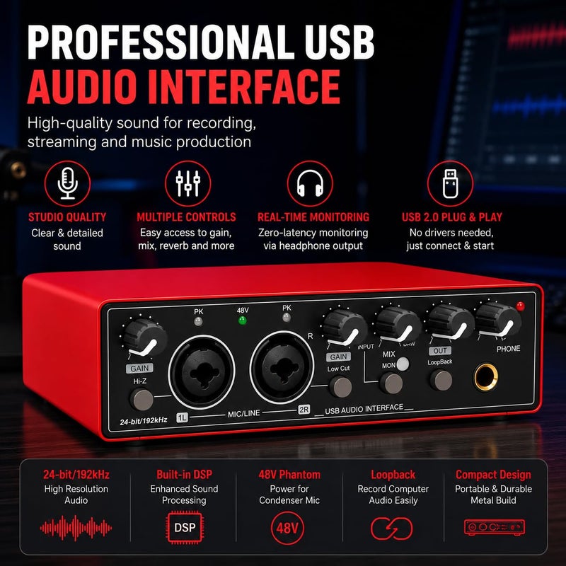 T02 USB External Sound Card Studio Audio Mixer – Professional USB Audio Interface with Dual XLR Inputs, 48V Phantom Power for Live Streaming, Podcasting, Recording & Music Production - Image 4