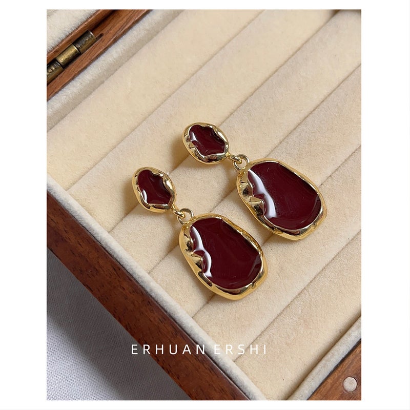 Vintage Hong Kong Style 14K Gold-plated 925 Silver Wine Red Drop Earrings for Women C- 818 wine red drop glaze