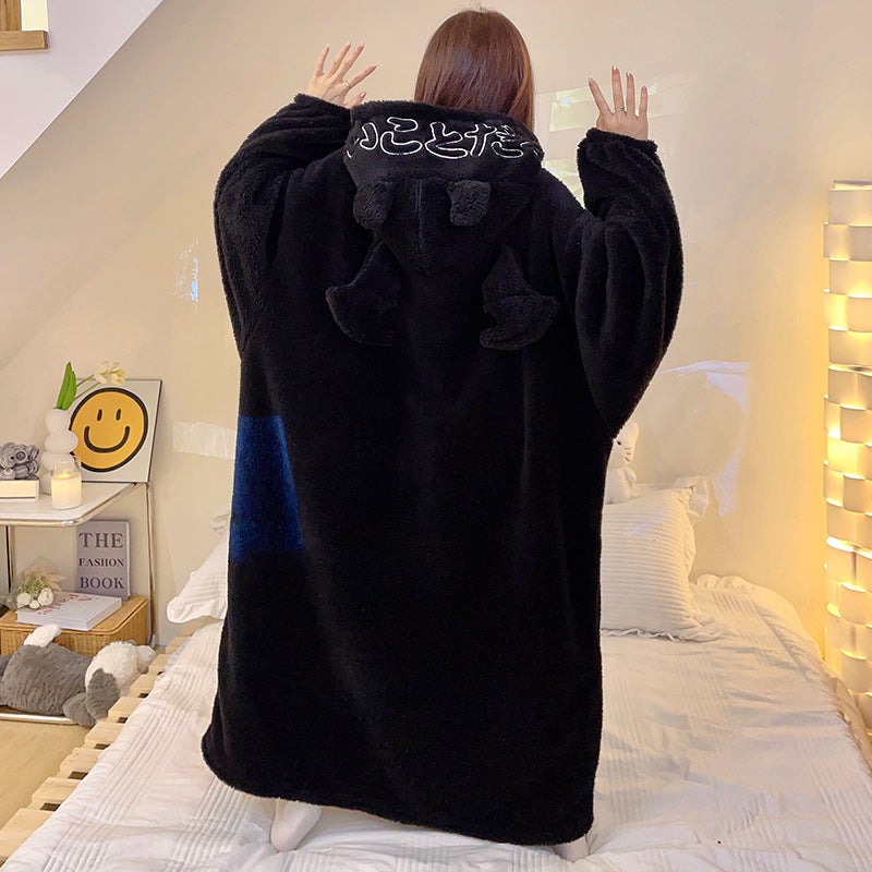 Little Devil Nightgown Winter Coral Velvet Thickeneded One-Piece Home Clothes For Men And Women Couples Same Style Oversized Pajamas Simple - Image 5