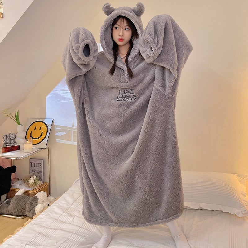Little Devil Nightgown Winter Coral Velvet Thickeneded One-Piece Home Clothes For Men And Women Couples Same Style Oversized Pajamas Simple - Image 1