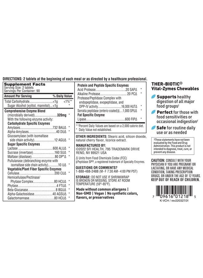 Klaire Labs - Vital-Zymes Chewable Digestive Enzymes - Broad Spectrum, DPP-IV Activity Digestive Enzymes - Supports The Breakdown of Proteins, Fats, Carbs, Sugars & Fibers - Gluten Free (180 Tablets) - Image 1