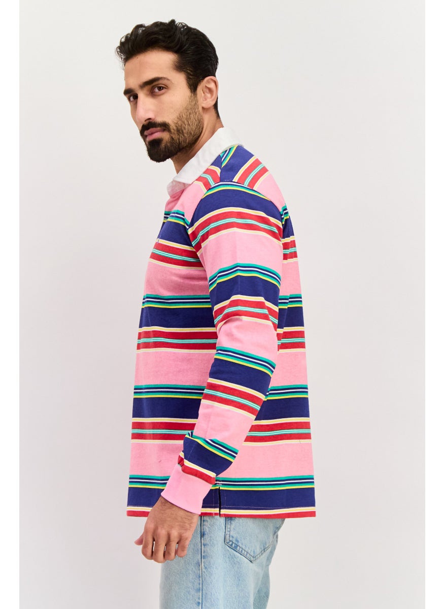 Tailorbyrd Men Regular Fit Stripe Long Sleeve Polo Shirt, Pink Combo  - Image 2