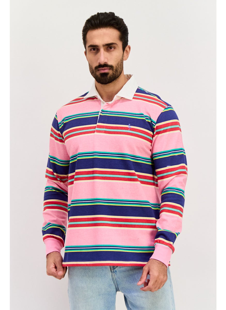 Tailorbyrd Men Regular Fit Stripe Long Sleeve Polo Shirt, Pink Combo  - Image 1