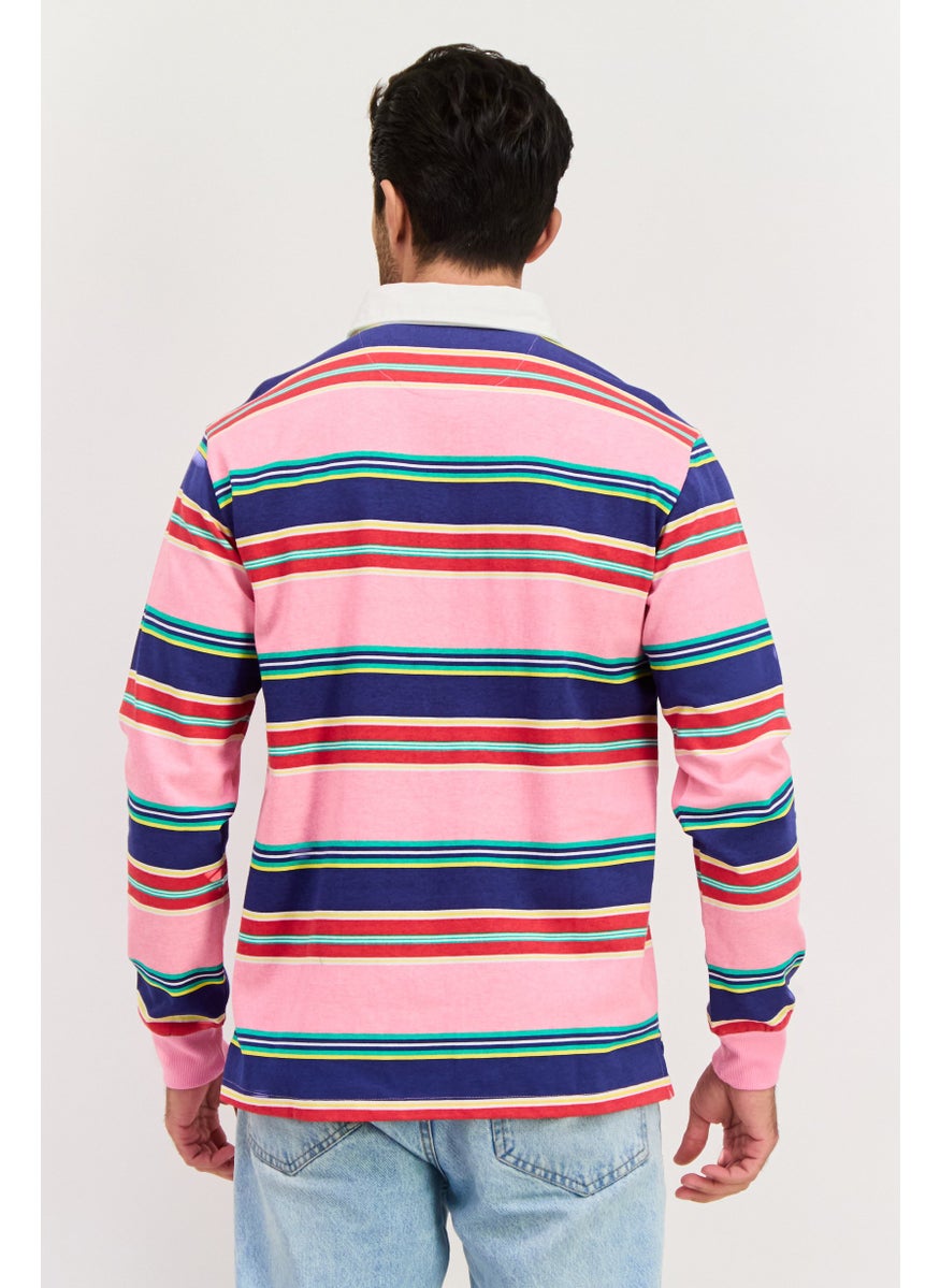 Tailorbyrd Men Regular Fit Stripe Long Sleeve Polo Shirt, Pink Combo  - Image 3
