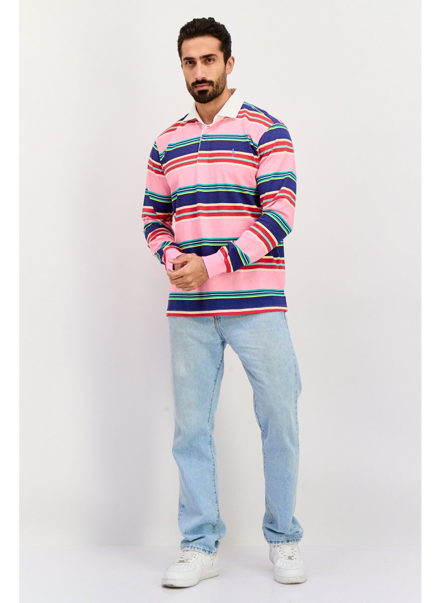 Tailorbyrd Men Regular Fit Stripe Long Sleeve Polo Shirt, Pink Combo  - Image 4