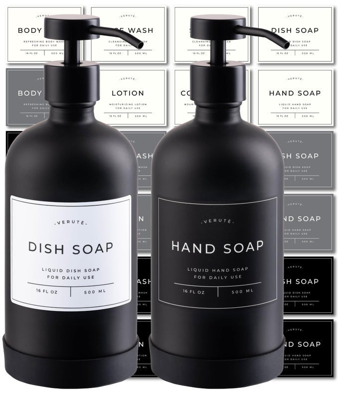 16OZ GLASS SOAP DISPENSER WITH STAINLESS STEEL PUMP 21 WATERPROOF LABELS NONSLIP PROTECTIVE SILICONE PAD SET OF 2 FOR BATHROOM KITCHEN MATTE BLACK BOTTLEBLACK PUMP