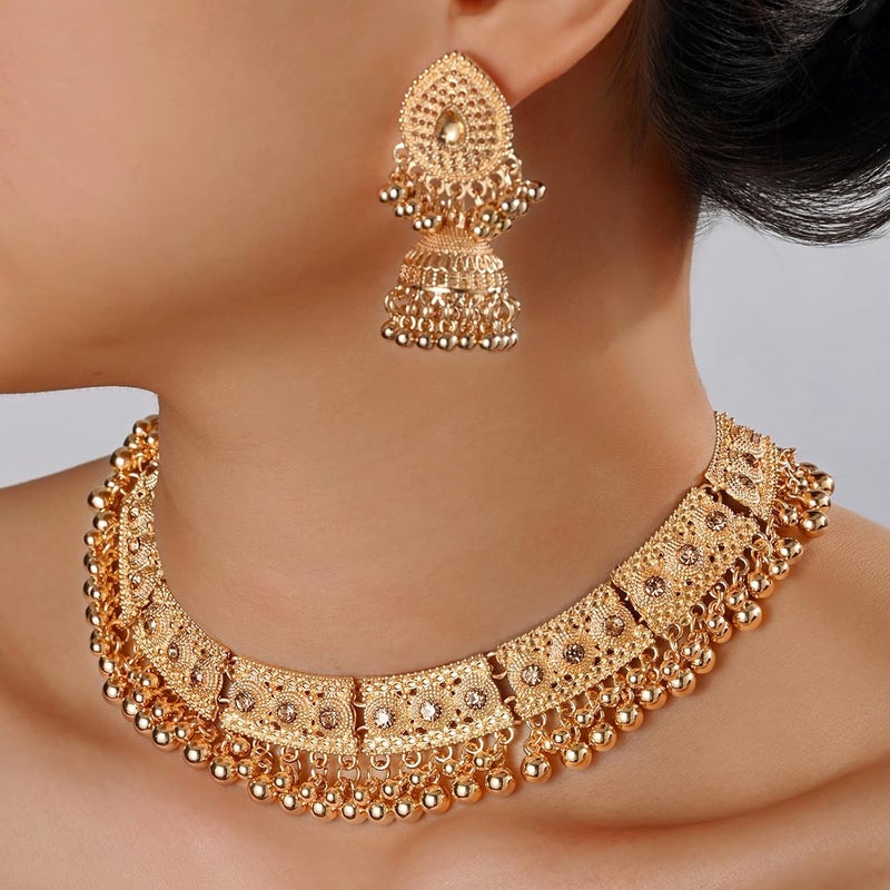 إيروريكس طقم مجوهرات هندية من جومكا وأقراط وسلسلة للنساء، طقم مجوهرات زفاف ذهبي من كوندان للعرائس، طقم مجوهرات هندي مؤكسد بقلادة تشوكر - Image 3