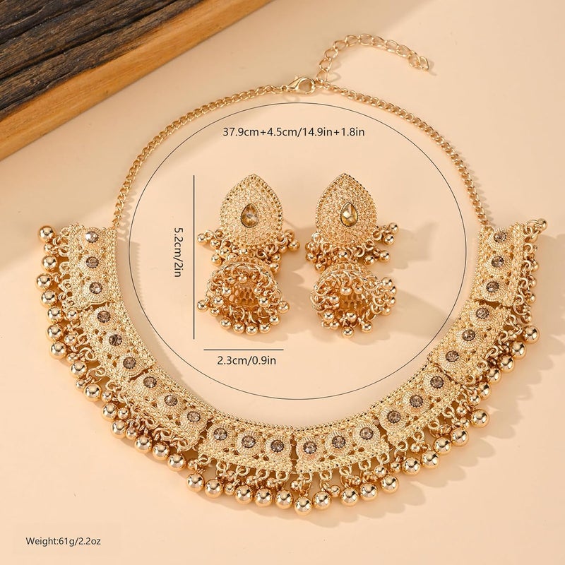 إيروريكس طقم مجوهرات هندية من جومكا وأقراط وسلسلة للنساء، طقم مجوهرات زفاف ذهبي من كوندان للعرائس، طقم مجوهرات هندي مؤكسد بقلادة تشوكر - Image 2