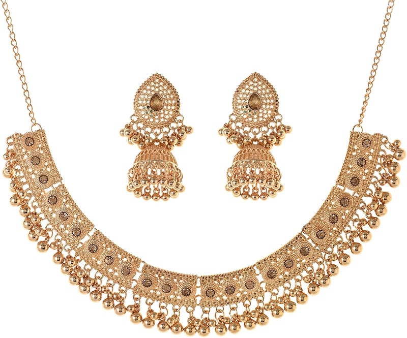 إيروريكس طقم مجوهرات هندية من جومكا وأقراط وسلسلة للنساء، طقم مجوهرات زفاف ذهبي من كوندان للعرائس، طقم مجوهرات هندي مؤكسد بقلادة تشوكر - Image 1