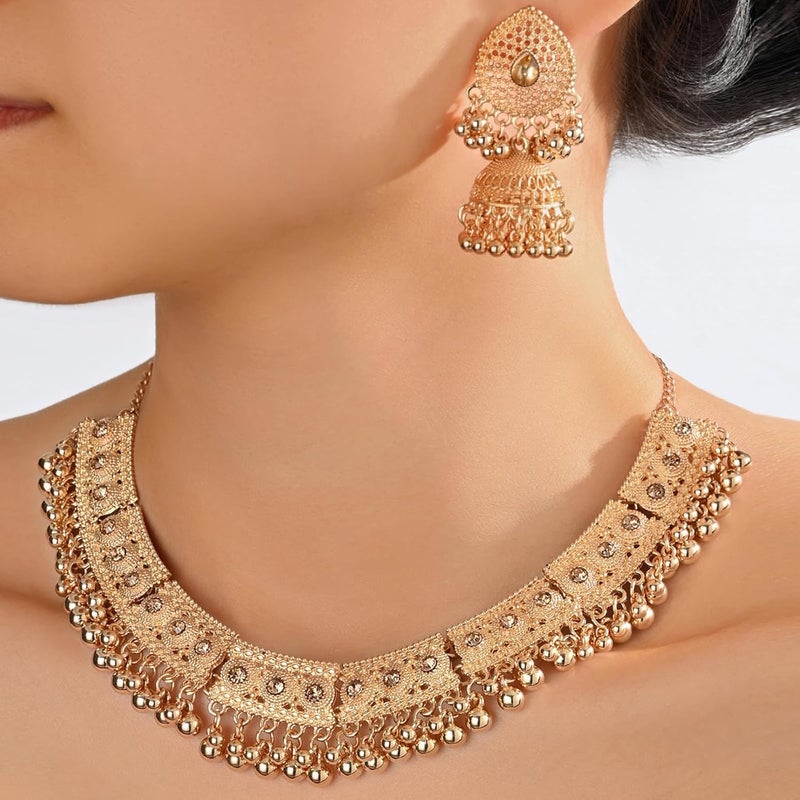 إيروريكس طقم مجوهرات هندية من جومكا وأقراط وسلسلة للنساء، طقم مجوهرات زفاف ذهبي من كوندان للعرائس، طقم مجوهرات هندي مؤكسد بقلادة تشوكر - Image 5
