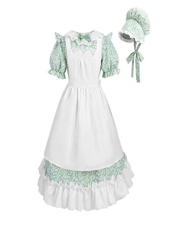 NSPSTT Girls Colonial Costume Set with Bonnet, Pioneer Girl Dress with Apron - Historical Pilgrim Prairie Outfit for School Plays, Halloween, and Dress-Up - Image 1