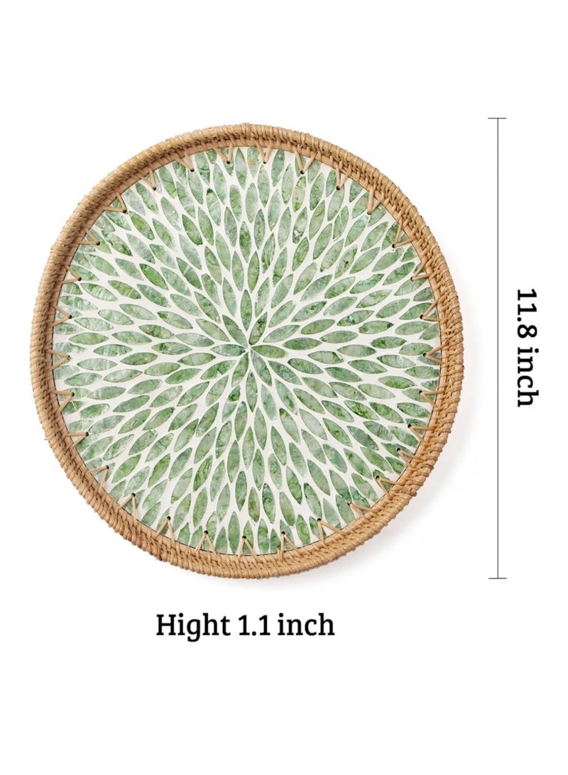 Azonee Round Rattan Tray with Mother of Pearl Inlay, Decorative Woven Serving Tray with Wooden Base, Handcrafted Wicker Basket Tray for Bread, Fruits, and Coffee, Leaf Design, Home Decor - Image 3