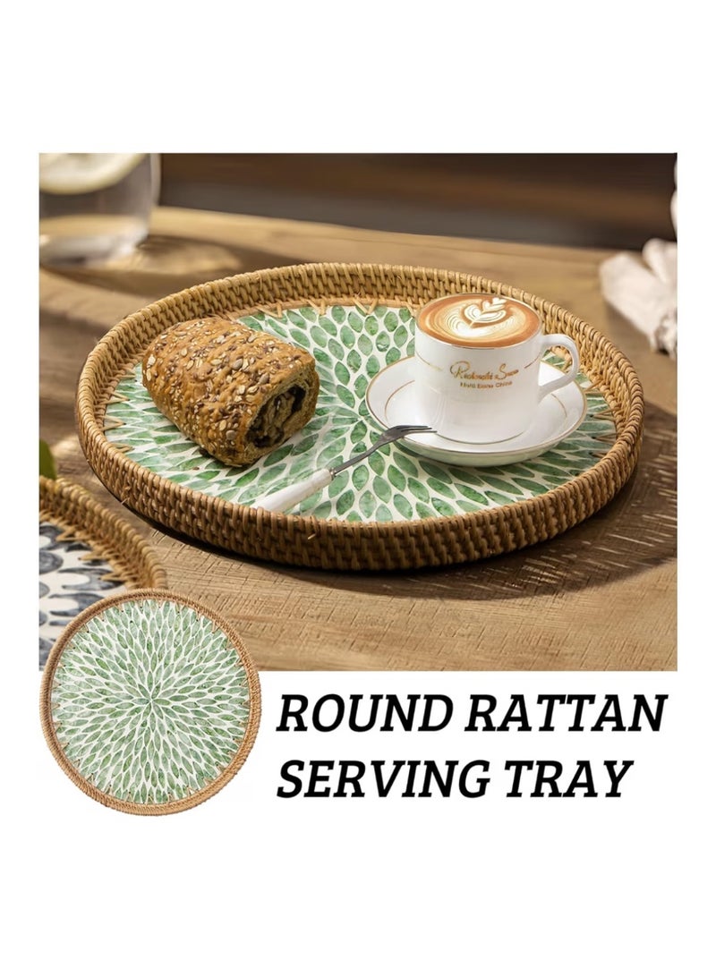 Azonee Round Rattan Tray with Mother of Pearl Inlay, Decorative Woven Serving Tray with Wooden Base, Handcrafted Wicker Basket Tray for Bread, Fruits, and Coffee, Leaf Design, Home Decor - Image 2