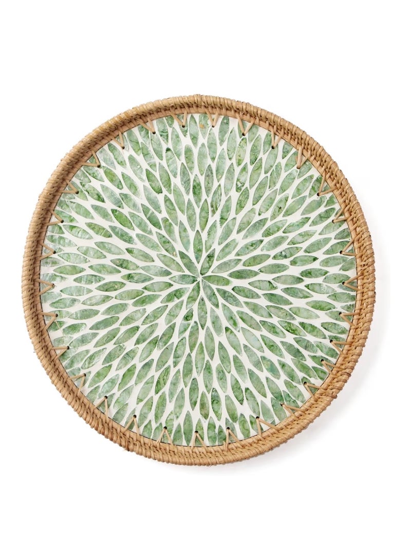 Azonee Round Rattan Tray with Mother of Pearl Inlay, Decorative Woven Serving Tray with Wooden Base, Handcrafted Wicker Basket Tray for Bread, Fruits, and Coffee, Leaf Design, Home Decor - Image 1