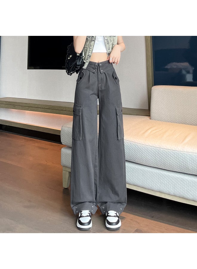 TonLion High Waist Wide-leg Cargo Pants - Vintage American Style, Slimming, Korean Loose Fit, Long Casual Trousers With Raw Hem Detail - Image 5