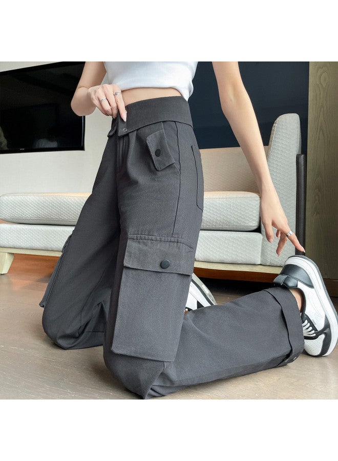 TonLion High Waist Wide-leg Cargo Pants - Vintage American Style, Slimming, Korean Loose Fit, Long Casual Trousers With Raw Hem Detail - Image 3