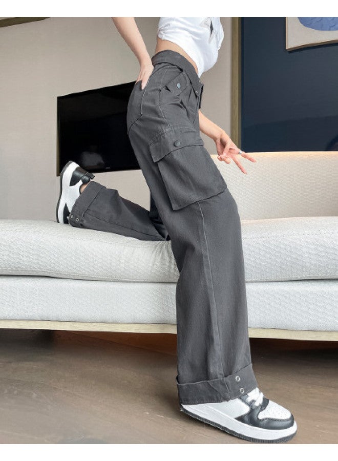 TonLion High Waist Wide-leg Cargo Pants - Vintage American Style, Slimming, Korean Loose Fit, Long Casual Trousers With Raw Hem Detail - Image 1