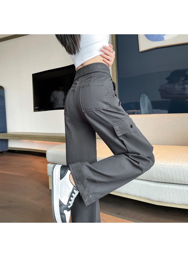 TonLion High Waist Wide-leg Cargo Pants - Vintage American Style, Slimming, Korean Loose Fit, Long Casual Trousers With Raw Hem Detail - Image 4