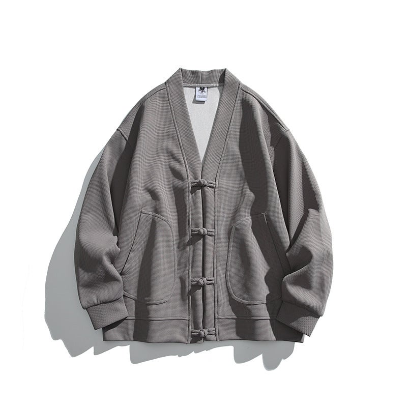 Rumeng New Chinese Waffle Texture Buckle V-Neck Cardigan Jacket For Men And Women New Loose Retro Casual Top - Image 1