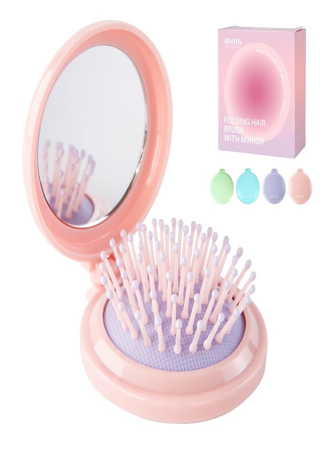 RHOS Folding Brush with Mirror for Women, Girls - Compact Pocket Portable Hair Brush with Soft Nylon Bristles for Purse and Travel (Pink) - Image 1