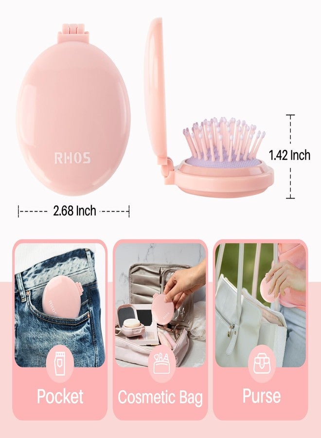 RHOS Folding Brush with Mirror for Women, Girls - Compact Pocket Portable Hair Brush with Soft Nylon Bristles for Purse and Travel (Pink) - Image 2