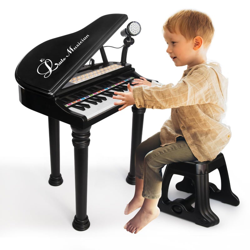 LoveMini Piano Keyboard Toy for Kids 31 Keys Toddlers Black Piano Toy with Microphone and Stool for Kids Age 3 Years Old Girls Boys Birthday Gift