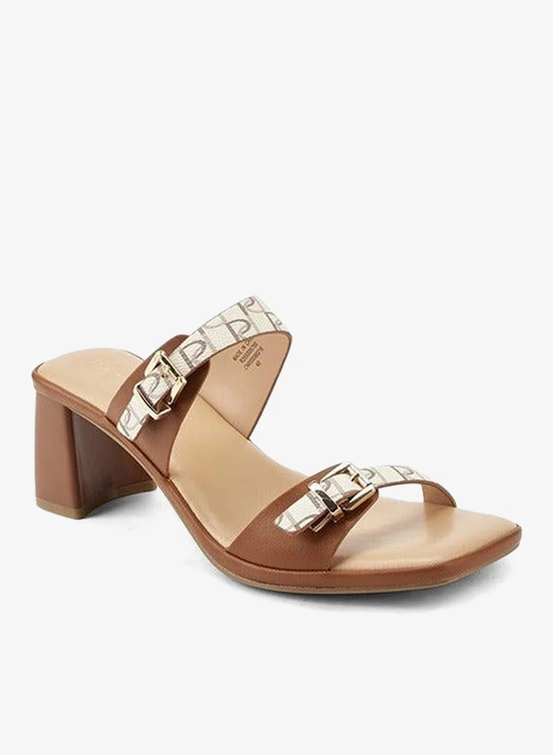 Paprika Buckle Accent Slip-On Sandals with Block Heels
