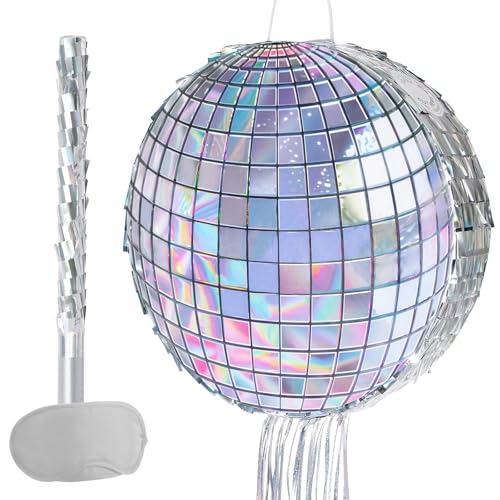 WERNNSAI Disco Ball Piata Disco Party Decoration for Adult Birthday Party Supplies Hanging Disco Piata with Bat Blindfold Mirror Roller Skating Pull String 122 x 122 - Image 1