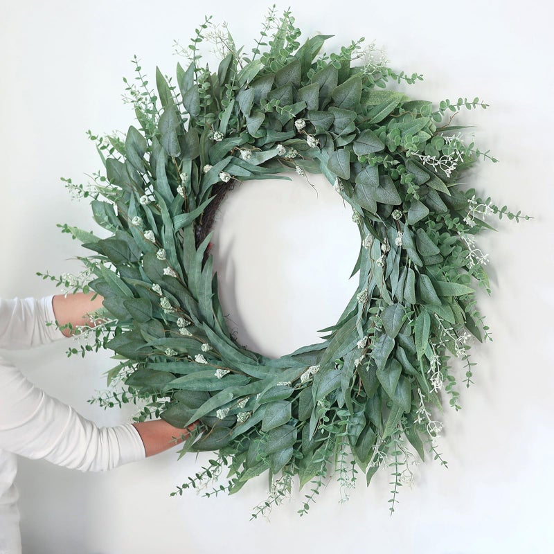 YXZZWL 32" Eucalyptus Wreath for Front Door - Large Artificial Greenery Outdoor Wreath for Porch, Window,Farmhouse,Home,Holiday,Hanging Decor- Spring, Summer, Fall, All Seasons (Green) - Image 5
