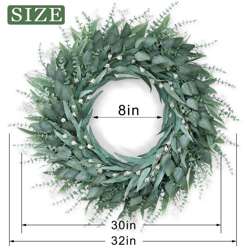 YXZZWL 32" Eucalyptus Wreath for Front Door - Large Artificial Greenery Outdoor Wreath for Porch, Window,Farmhouse,Home,Holiday,Hanging Decor- Spring, Summer, Fall, All Seasons (Green) - Image 2