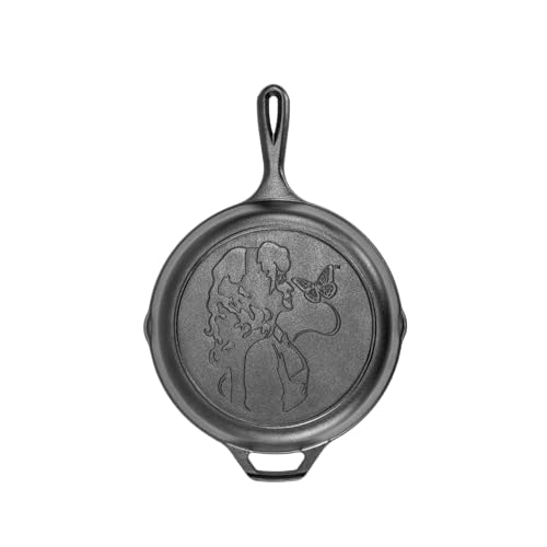 Lodge 10.25 Inch Dolly Parton Pre-Seasoned Cast Iron Stamped Skillet - Signature Teardrop Handle - Use in the Oven, on the Stove, on the Grill, or Over a Campfire, Black - Image 1