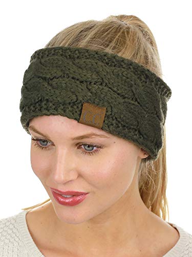 CC Soft Stretch Winter Warm Cable Knit Fuzzy Lined Ear Warmer Headband Dark Olive