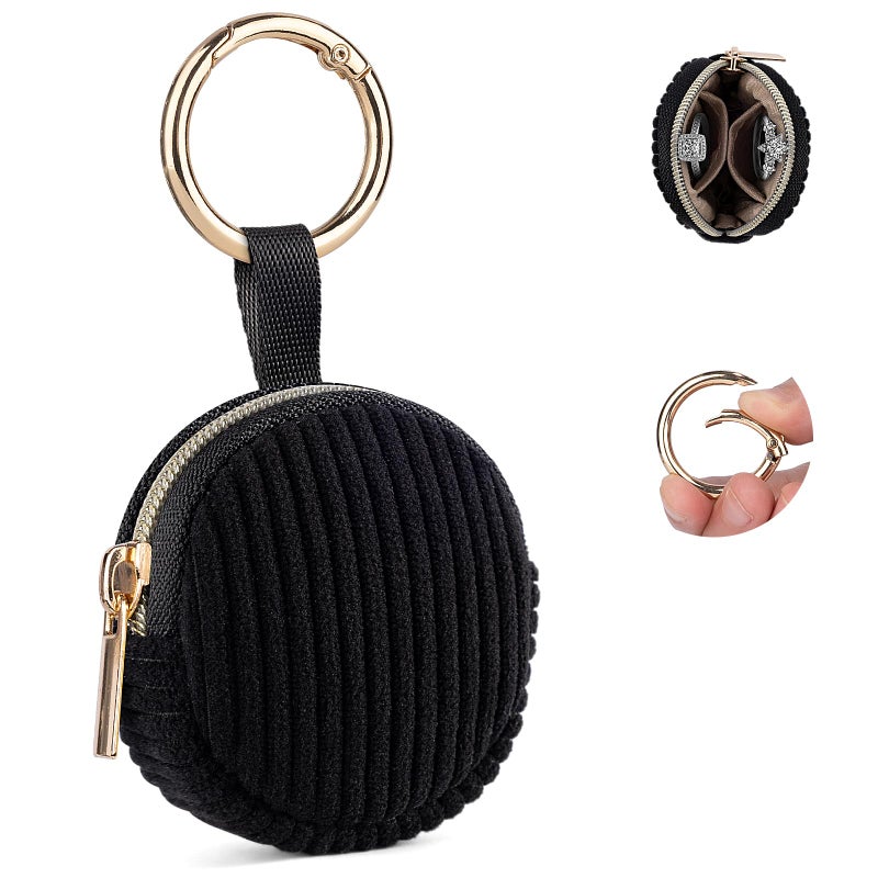 Playexen Jewelry Ring Holder Keychain, Portable Jewelry Holder Storage Box with Buckle, Corduroy Small Travel Ring Keeper Case for Rings, Earrings, Stud, Necklaces (Black) - Image 1