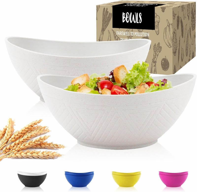 Wrova Wheat Straw Bowls Set of 2 with Textured PatternUnbreakable Large Salad BowlsPlastic Bowls Dishwasher  MicrowaveSturdy and Stackable Kitchen Bowl Sets for ServingOatmealWhite - Image 1