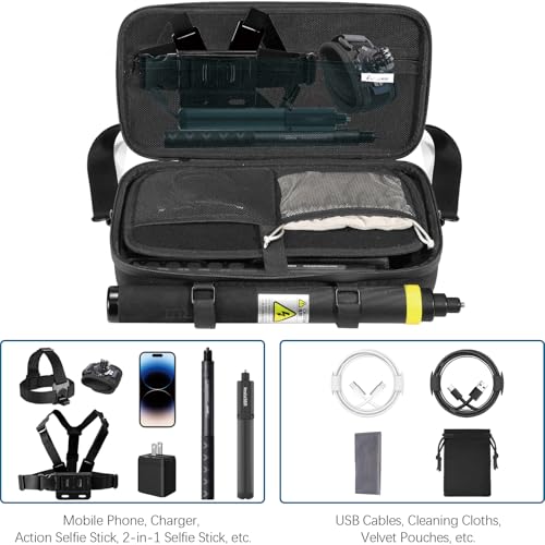 AMAZEAR Carrying Case for Insta360 X5 Accessories, Insta 360 X5 X4 Air Action Camera Waterproof Travel Carry Bag with Shoulder Strap, Compatible with 3M 9.8ft 2-in-1 Selfie Stick Tripod, Pure Black - Image 3