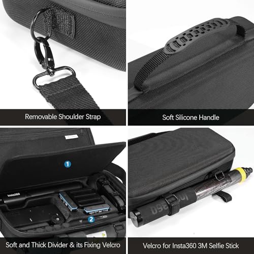 AMAZEAR Carrying Case for Insta360 X5 Accessories, Insta 360 X5 X4 Air Action Camera Waterproof Travel Carry Bag with Shoulder Strap, Compatible with 3M 9.8ft 2-in-1 Selfie Stick Tripod, Pure Black - Image 4