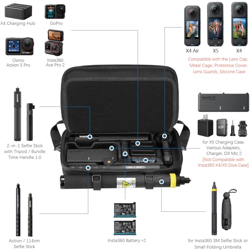 AMAZEAR Carrying Case for Insta360 X5 Accessories, Insta 360 X5 X4 Air Action Camera Waterproof Travel Carry Bag with Shoulder Strap, Compatible with 3M 9.8ft 2-in-1 Selfie Stick Tripod, Pure Black - Image 2