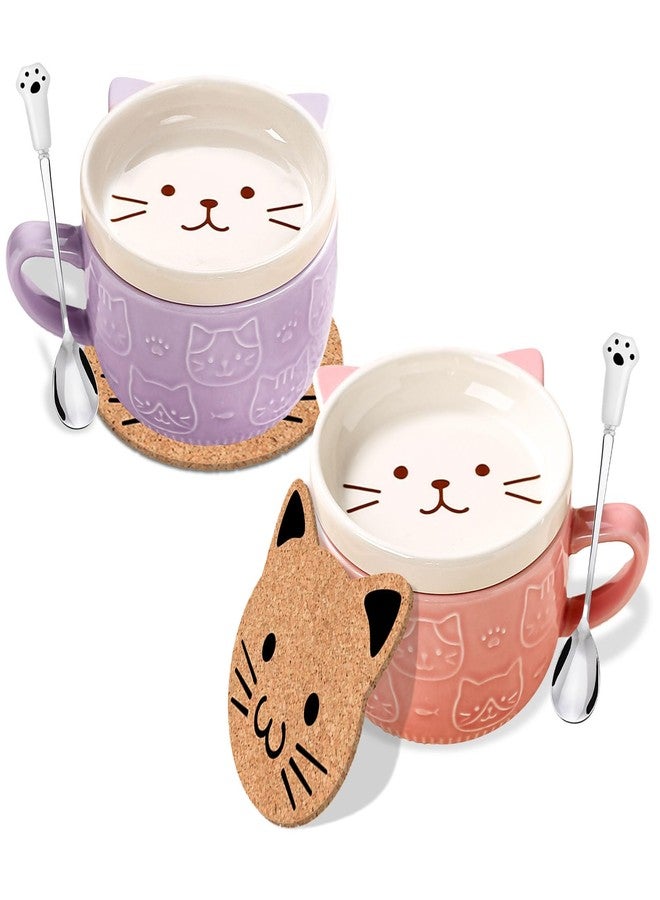 BigNoseDeer 2PCS Cute Kawaii Cat Tea Cup Ceramic Coffee Mug with lid, Tea Cups and Saucers for Dessert, Cute Gifts for Cat Lovers, Anime Fans, Christmas - 10oz (Pink + Purple) - Image 1