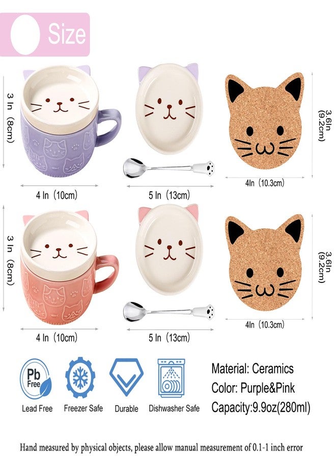 BigNoseDeer 2PCS Cute Kawaii Cat Tea Cup Ceramic Coffee Mug with lid, Tea Cups and Saucers for Dessert, Cute Gifts for Cat Lovers, Anime Fans, Christmas - 10oz (Pink + Purple) - Image 4