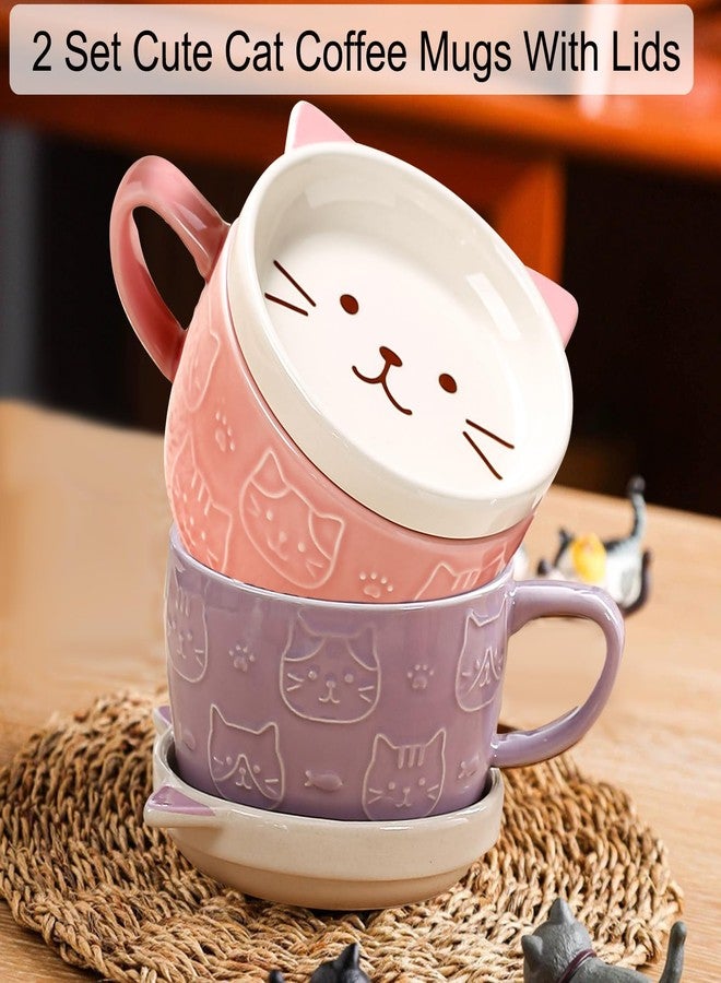 BigNoseDeer 2PCS Cute Kawaii Cat Tea Cup Ceramic Coffee Mug with lid, Tea Cups and Saucers for Dessert, Cute Gifts for Cat Lovers, Anime Fans, Christmas - 10oz (Pink + Purple) - Image 5
