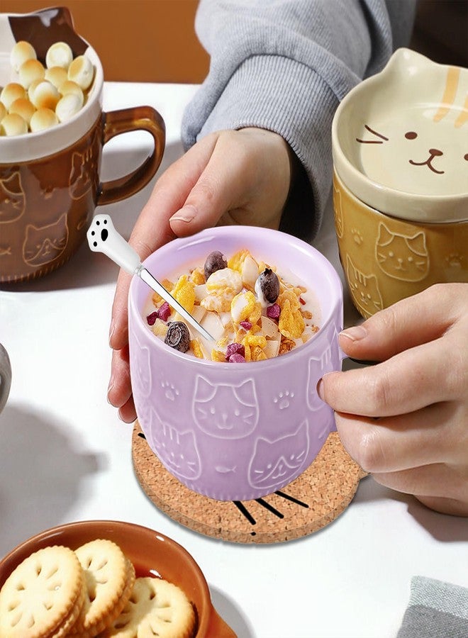 BigNoseDeer 2PCS Cute Kawaii Cat Tea Cup Ceramic Coffee Mug with lid, Tea Cups and Saucers for Dessert, Cute Gifts for Cat Lovers, Anime Fans, Christmas - 10oz (Pink + Purple) - Image 3