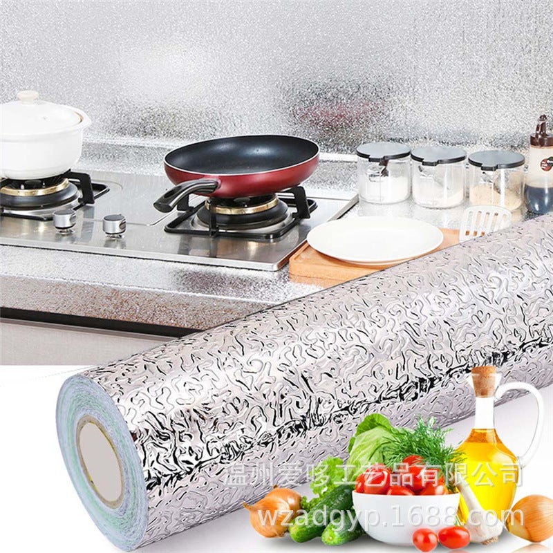2022 new waterproof thickened kitchen sticker stove high temperature self-adhesive oil-proof sticker removable aluminum foil wallpaper 30cm*1m silver orange peel - Image 2