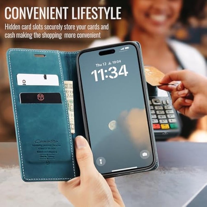 CaseMe Wallet Case for iPhone 16 Pro Max, Handmade Retro Durable Leather Magnetic Closure Flip Anti-Fall Shockproof Case with Kickstand and Card Slots for iPhone 16 Pro Max (Blue) - Image 3