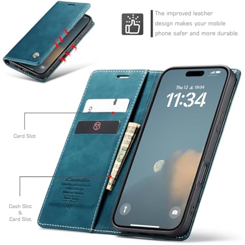 CaseMe Wallet Case for iPhone 16 Pro Max, Handmade Retro Durable Leather Magnetic Closure Flip Anti-Fall Shockproof Case with Kickstand and Card Slots for iPhone 16 Pro Max (Blue) - Image 2